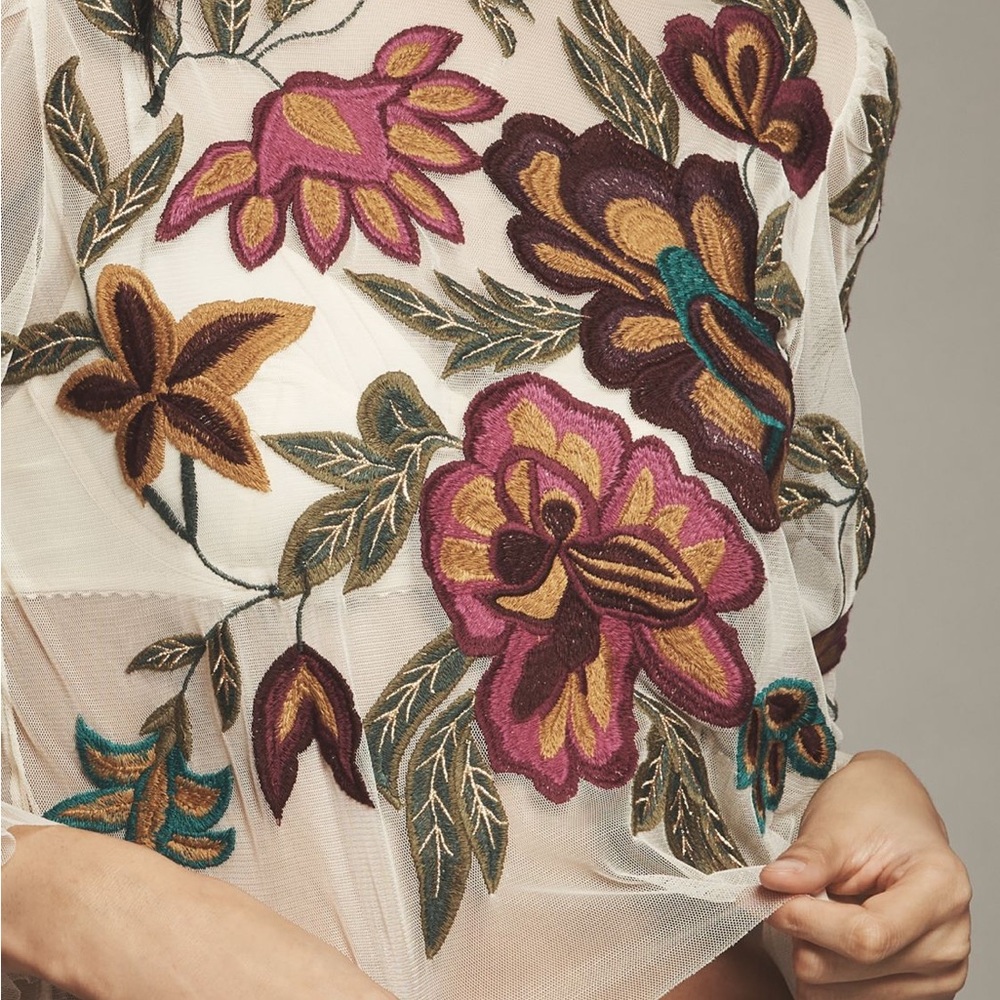 Anthropologie Layla long sleeve appliqué mesh blouse